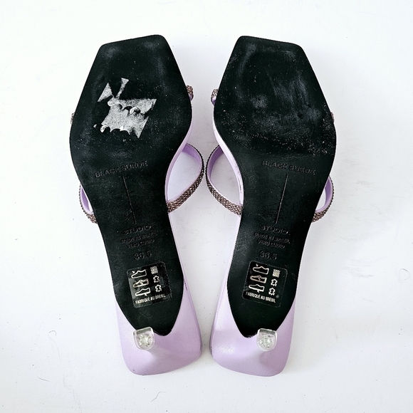 Black Suede Studion Ari Purple Metallic Stiletto Slide Sandals Size 6.5